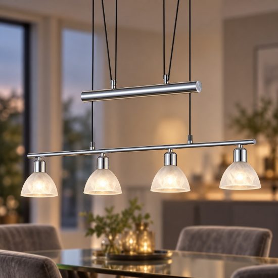 Lampadario a sospensione 4 luci per sala da pranzo moderno nichel opaco con vetri alabastro