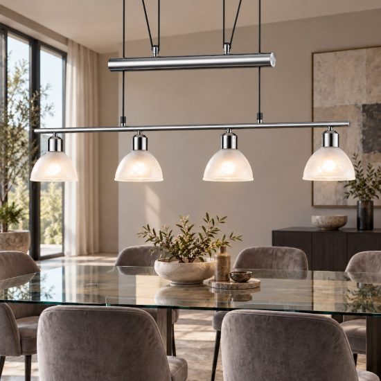 Lampadario a sospensione 4 luci per sala da pranzo moderno nichel opaco con vetri alabastro