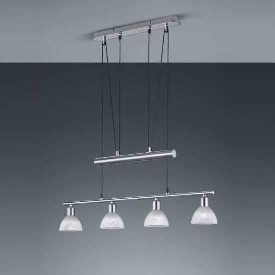 Lampadario a sospensione 4 luci per sala da pranzo moderno nichel opaco con vetri alabastro