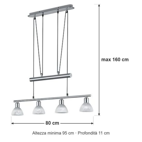 Lampadario a sospensione 4 luci per sala da pranzo moderno nichel opaco con vetri alabastro