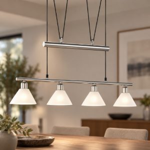 Lampadario 4 luci per sala da pranzo moderno nichel opaco con coni in vetro opale
