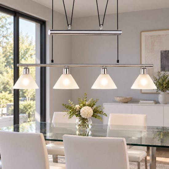Lampadario 4 luci per sala da pranzo moderno nichel opaco con coni in vetro opale