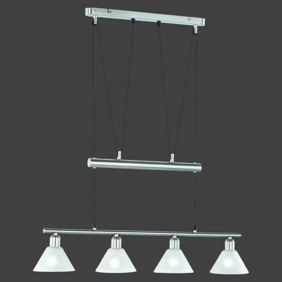Lampadario 4 luci per sala da pranzo moderno nichel opaco con coni in vetro opale