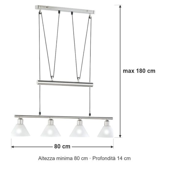 Lampadario 4 luci per sala da pranzo moderno nichel opaco con coni in vetro opale