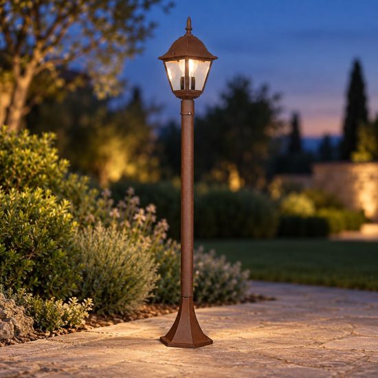 Lampione da giardino paletto ip44 a lanterna quadrata ruggine con vetro trasparente