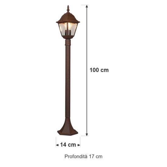 Lampione da giardino paletto ip44 a lanterna quadrata ruggine con vetro trasparente