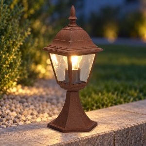 Lampioncino da giardino paletto ip44 a lanterna quadrata ruggine con vetro trasparente