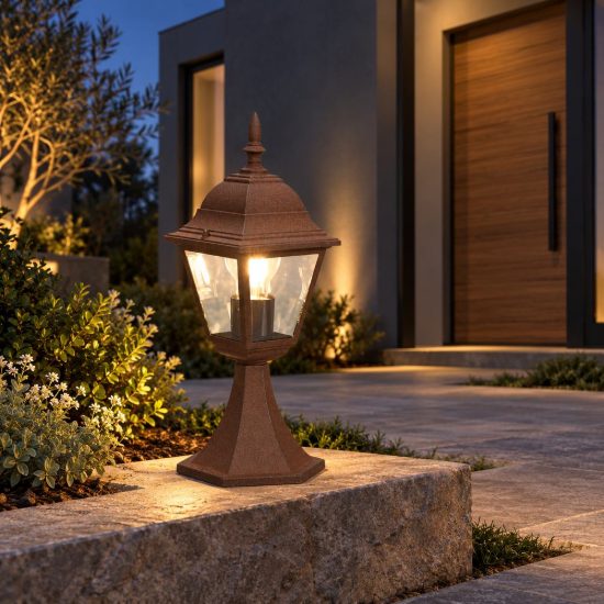 Lampioncino da giardino paletto ip44 a lanterna quadrata ruggine con vetro trasparente