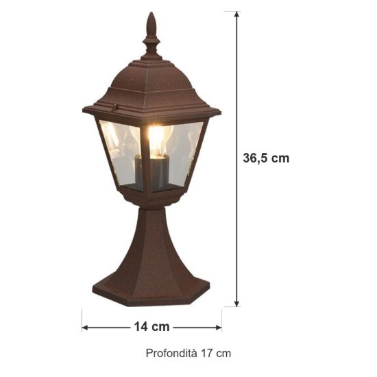Lampioncino da giardino paletto ip44 a lanterna quadrata ruggine con vetro trasparente