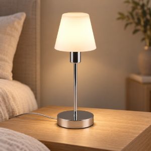 Abat-jour touch per comodino moderno cromo con vetro bianco satinato