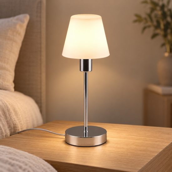 Abat-jour touch per comodino moderno cromo con vetro bianco satinato