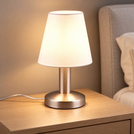 Abat-jour touch per comodino moderno nichel opaco con paralume in tessuto bianco