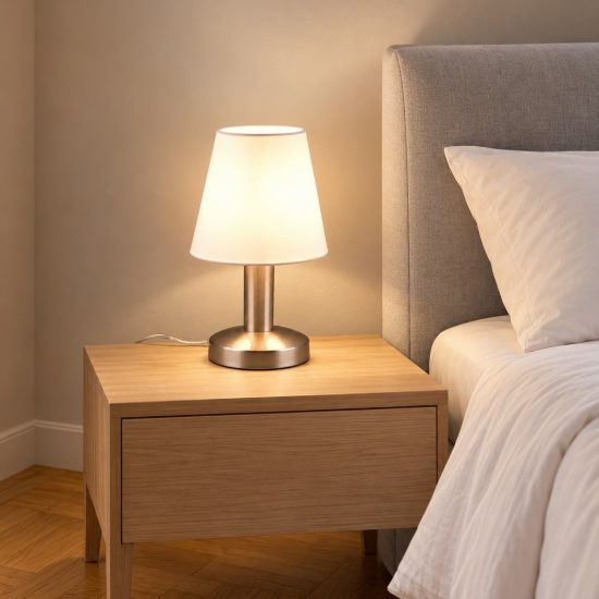 Abat-jour touch per comodino moderno nichel opaco con paralume in tessuto bianco