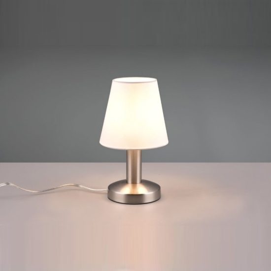 Abat-jour touch per comodino moderno nichel opaco con paralume in tessuto bianco