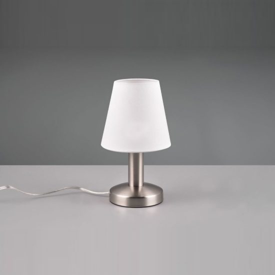 Abat-jour touch per comodino moderno nichel opaco con paralume in tessuto bianco