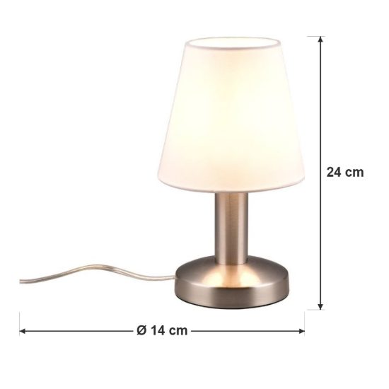 Abat-jour touch per comodino moderno nichel opaco con paralume in tessuto bianco