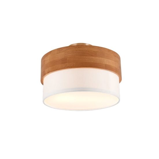 Plafoniera 2 luci moderna con paralume in tessuto bianco fascia in legno
