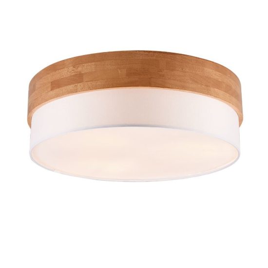 Plafoniera 3 luci per soggiorno moderna con paralume in tessuto bianco fascia in legno