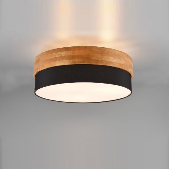 Plafoniera 3 luci per soggiorno moderna con paralume in tessuto nero fascia in legno