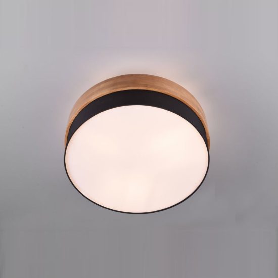 Plafoniera 3 luci per soggiorno moderna con paralume in tessuto nero fascia in legno