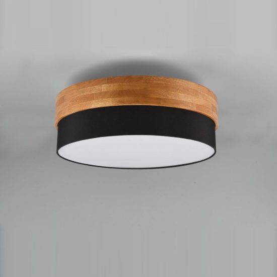 Plafoniera 3 luci per soggiorno moderna con paralume in tessuto nero fascia in legno