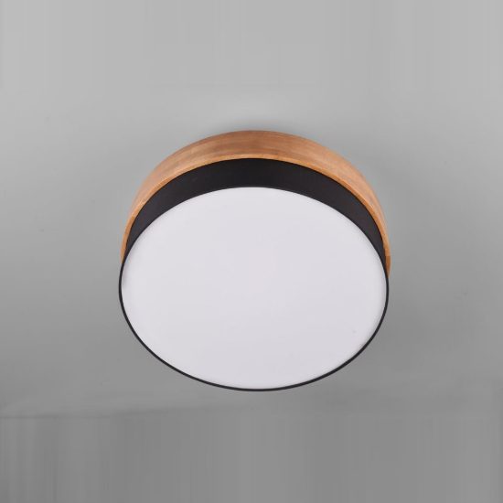 Plafoniera 3 luci per soggiorno moderna con paralume in tessuto nero fascia in legno