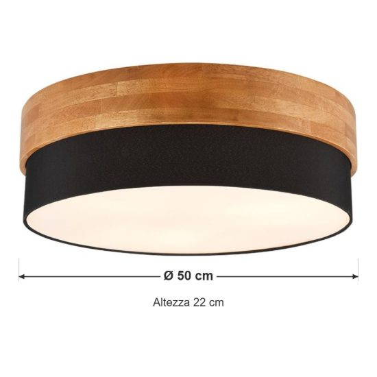 Plafoniera 3 luci per soggiorno moderna con paralume in tessuto nero fascia in legno