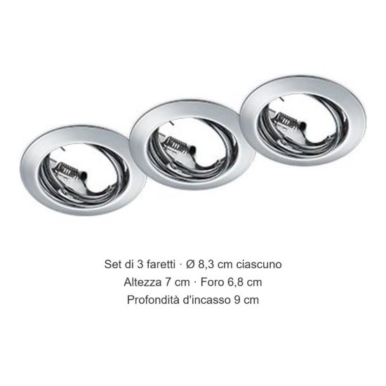 Set 3 faretti da incasso per cartongesso orientabili rotondi cromo
