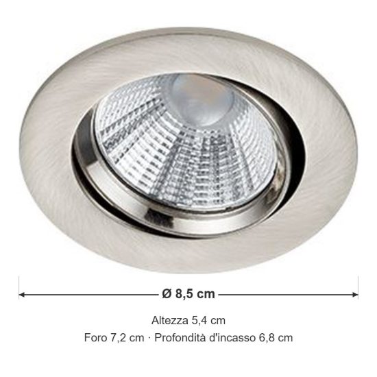 Faretto da incasso per salotto orientabile led 5,5w 3000k dimmerabile ip23 rotondo nichel opaco