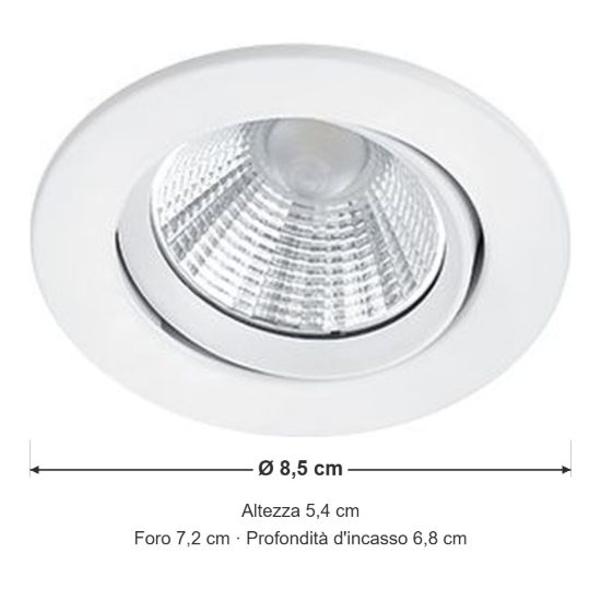 Faretto da incasso per salotto orientabile led 5,5w 3000k dimmerabile ip23 rotondo bianco opaco