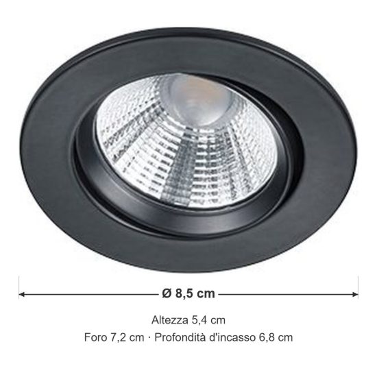 Faretto da incasso per soggiorno orientabile led 5,5w 3000k dimmerabile ip23 rotondo nero opaco