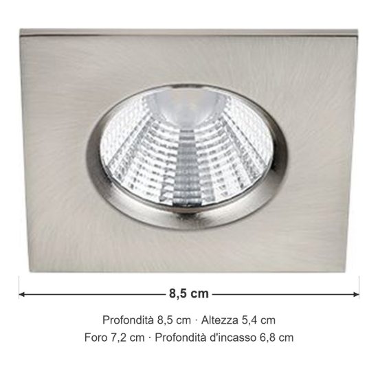 Faretto da incasso per cartongesso led 5,5w 3000k dimmerabile ip65 quadrato nichel opaco