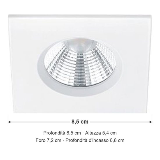 Faretto da incasso per cartongesso led 5,5w 3000k dimmerabile ip65 quadrato bianco opaco