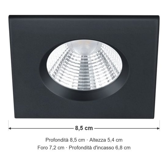 Faretto da incasso per cartongesso led 5,5w 3000k dimmerabile ip65 quadrato nero opaco