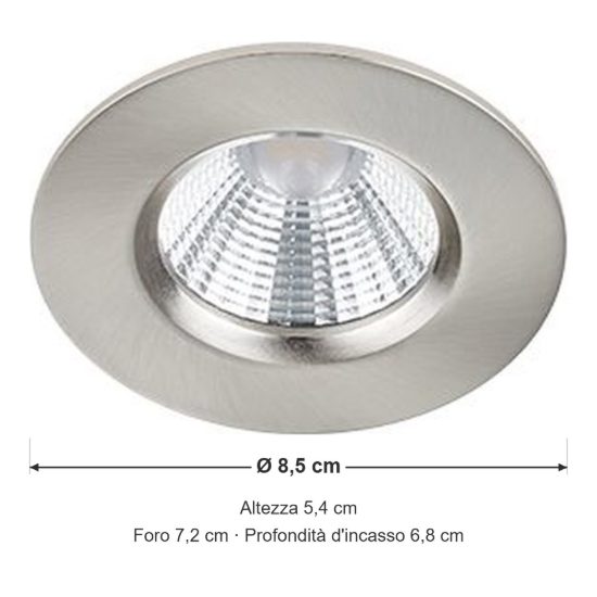 Faretto da incasso per cartongesso led 5,5w 3000k dimmerabile ip65 rotondo nichel opaco