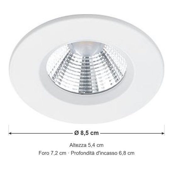Faretto da incasso per cartongesso led 5,5w 3000k dimmerabile ip65 rotondo bianco opaco