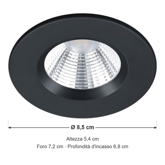Faretto da incasso per cartongesso led 5,5w 3000k dimmerabile ip65 rotondo nero opaco