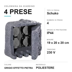 Colonnina da giardino 4 prese schuko ip44 20cm effetto pietra grigia