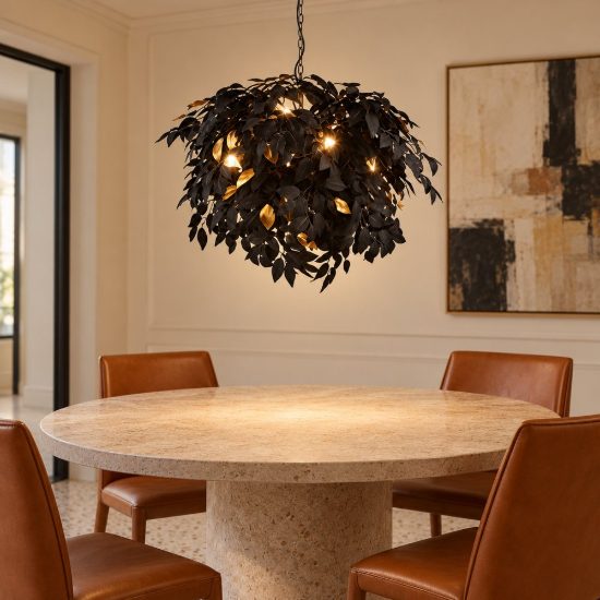 Lampadario a sospensione 4 luci per soggiorno moderno nero con foglie lavabili nere oro