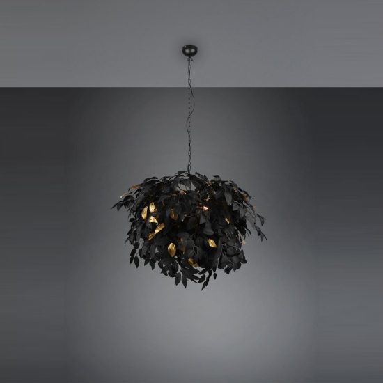 Lampadario a sospensione 4 luci per soggiorno moderno nero con foglie lavabili nere oro