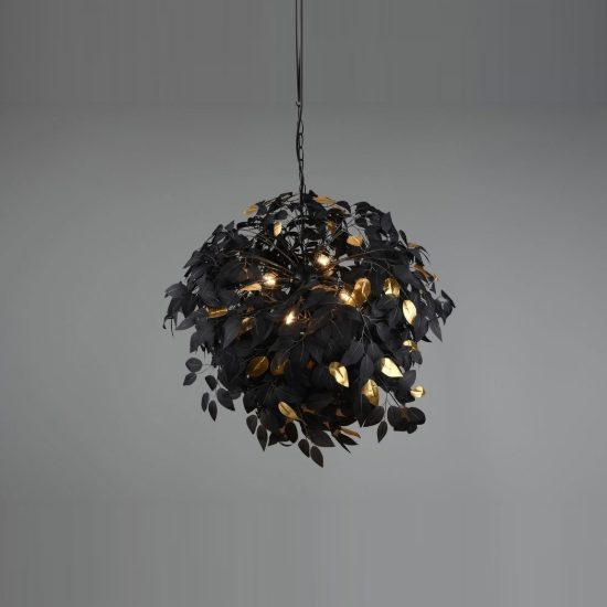 Lampadario a sospensione 4 luci per soggiorno moderno nero con foglie lavabili nere oro