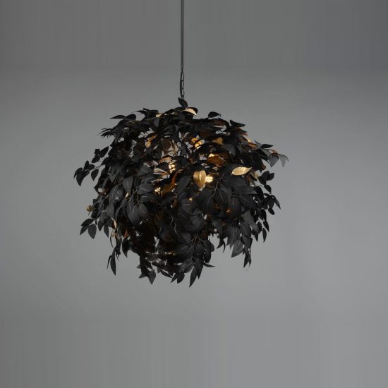 Lampadario a sospensione 4 luci per soggiorno moderno nero con foglie lavabili nere oro