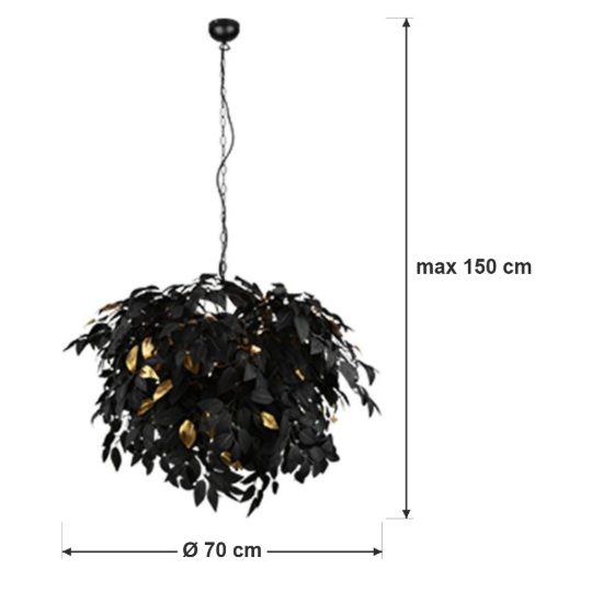 Lampadario a sospensione 4 luci per soggiorno moderno nero con foglie lavabili nere oro