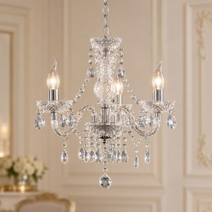 Lampadario 3 luci per sala da pranzo classico cromo con pendenti in acrilico trasparente