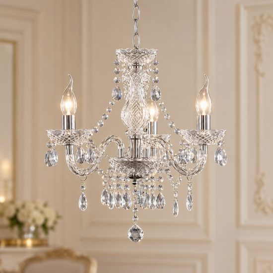 Lampadario 3 luci per sala da pranzo classico cromo con pendenti in acrilico trasparente