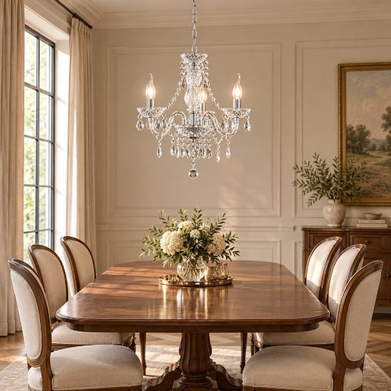Lampadario 3 luci per sala da pranzo classico cromo con pendenti in acrilico trasparente