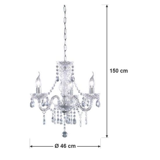Lampadario 3 luci per sala da pranzo classico cromo con pendenti in acrilico trasparente