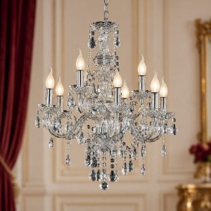 Lampadario 9 luci per salotto classico cromo con pendenti in acrilico trasparente