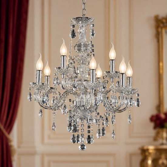 Lampadario 9 luci per salotto classico cromo con pendenti in acrilico trasparente