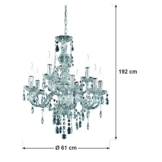 Lampadario 9 luci per salotto classico cromo con pendenti in acrilico trasparente